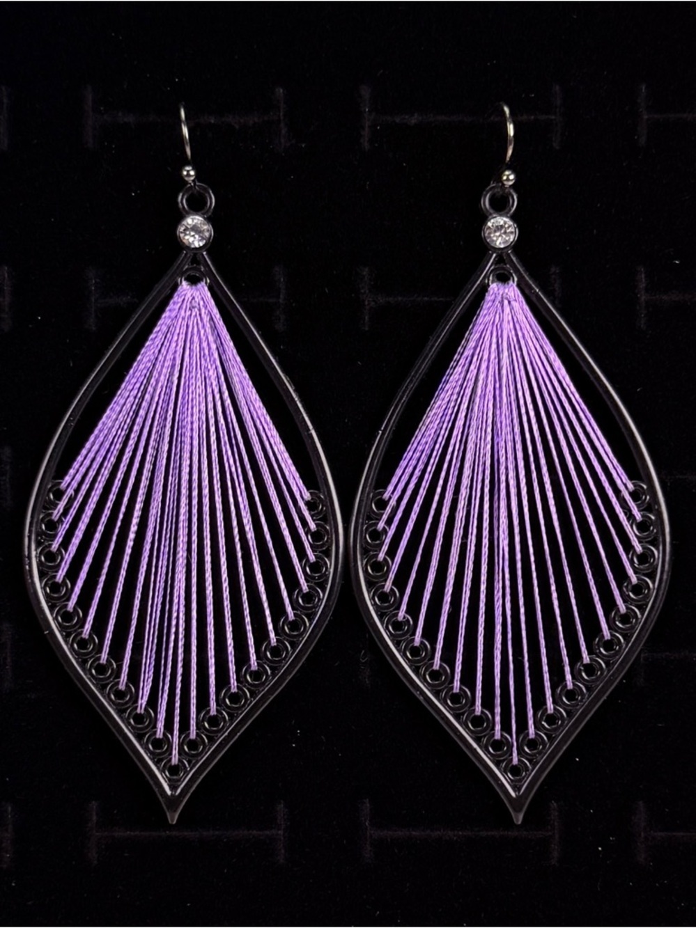 Purple Thread Black Teardrop Dangle Pierced Earrings